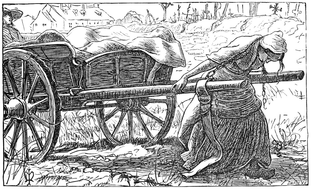 Drawing of a woman pulling a plague cart stacked with bodies