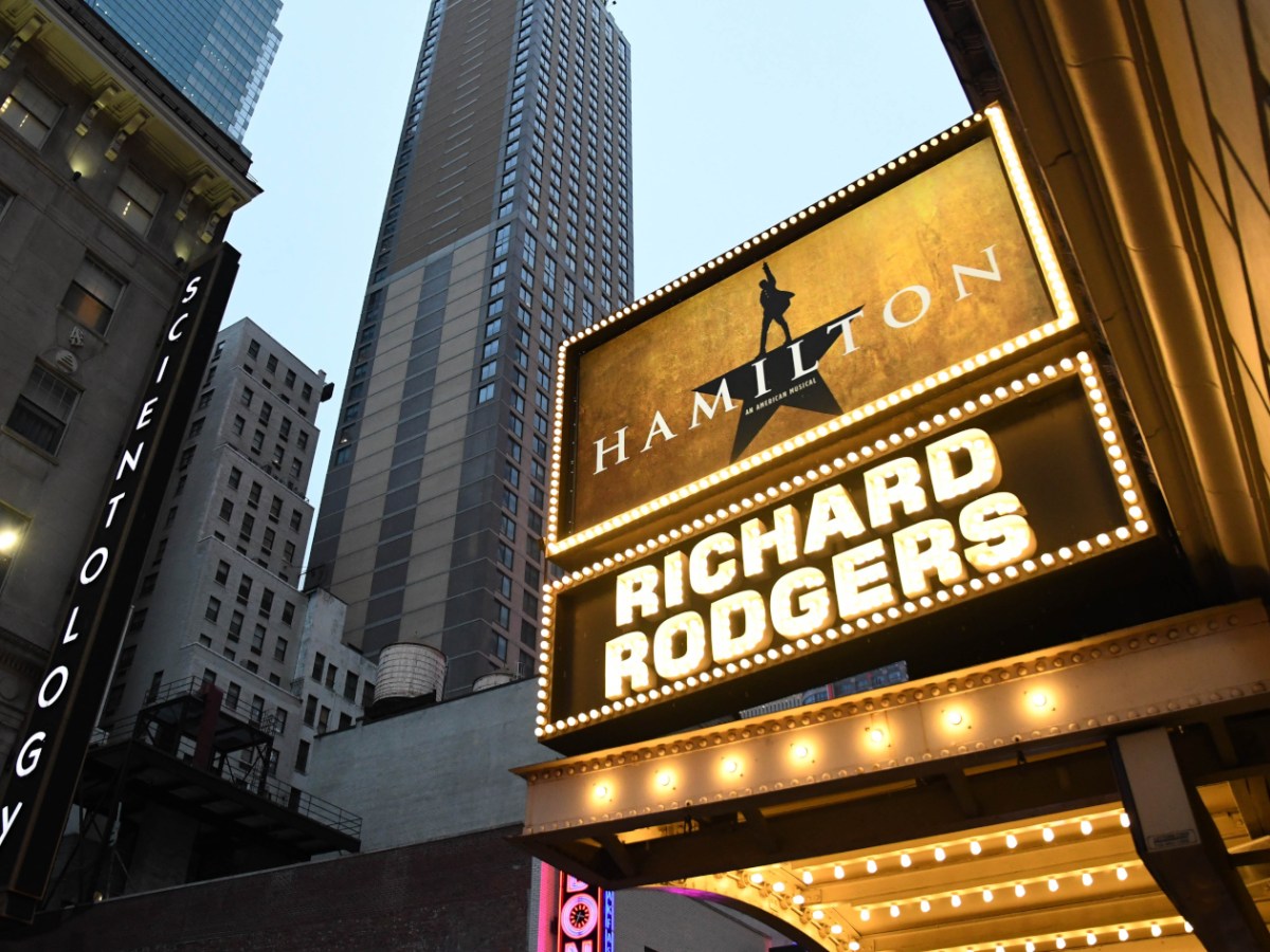 A Texas church illegal performed 'Hamilton' to spread anti-gay bigotry | Hamilton sign at the Richard Rogers Theater in Times Square, New York City