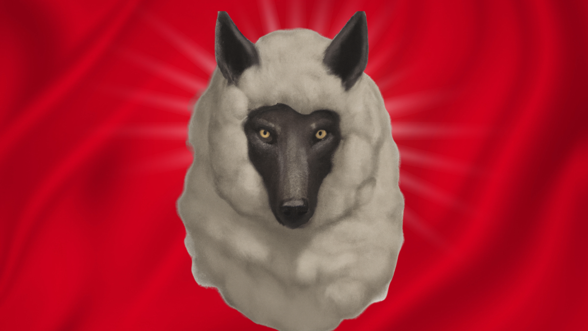 wolf disguised as sheep against red flag background